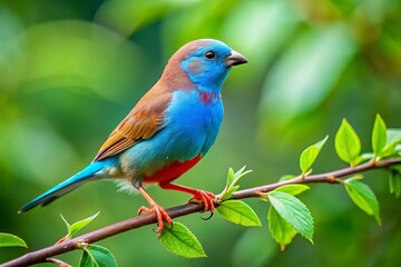 The striking Vibrant Blue Waxbill elegantly perches on a branch, contrasting beautifully with the rich green foliage of