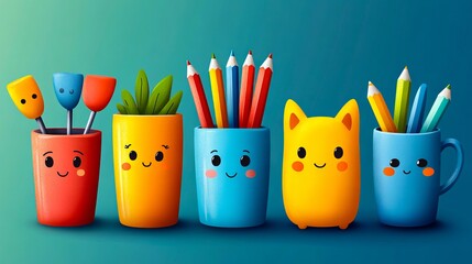 A group of colorful pencils and pens in a row on a blue background