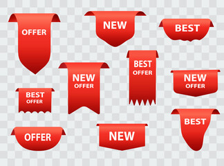 Giveaway, buy, get, fast delivery, discount and free shipping sale banners. Red ribbons, tags and stickers. Vector illustration.