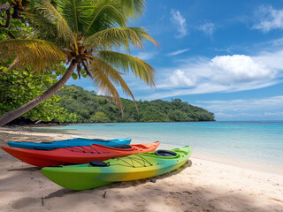 Colorful kayaks resting on white sand beach in tropical paradise