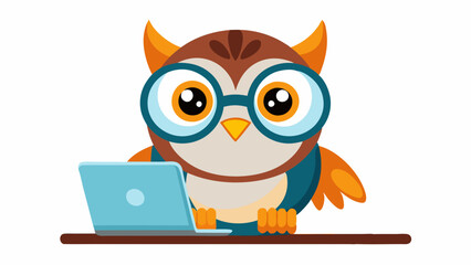 A cute owl wearing glasses is sitting on the laptop with a white background. An owl with glasses and a surprised look. high quality vector