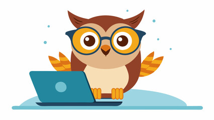 A cute owl wearing glasses is sitting on the laptop with a white background. An owl with glasses and a surprised look. high quality vector