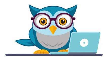 A cute owl wearing glasses is sitting on the laptop with a white background. An owl with glasses and a surprised look. high quality vector