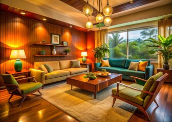 Fototapeta premium This cozy mid-century modern den boasts stylish furnishings, warm lighting, and a welcoming atmosphere ideal for