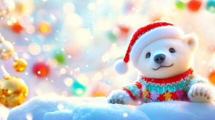 Playful Polar Bear Cub in Christmas Attire, a joyful scene of a polar bear cub frolicking in the snow, wearing a festive Santa hat and sweater, embodying winter cheer.
