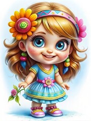 A colorful cartoon girl with long hair, wearing a blue dress and vibrant accessories, holding a pink flower against a light background.