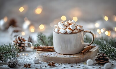 Christmas food, A cup of hot chocolate with marshmallows and cinnamon on top, Generative AI 