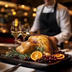 Roasted Turkey Dinner with Garnish and Wine Glasses Dinner Party Family 