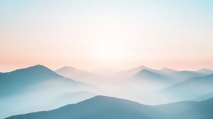 Obraz premium Mountain landscape at sunrise with soft mist and natural lighting, serene and inspiring for adventure travel promotions.