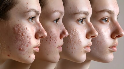 Series of close-up images of acne reduction over 3 months, neutral background, subtle lighting, medical photography, high detail in skin texture, realistic tone