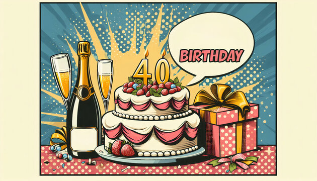Retro-style 40th birthday card featuring a layered cake, champagne glasses, and a gift box, designed in a vibrant pop art style, capturing a lively and nostalgic atmosphere - Powered by Adobe