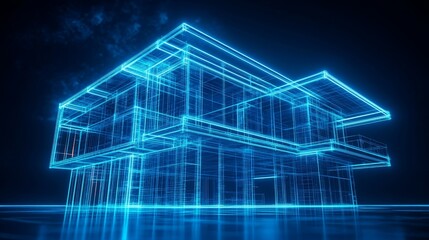 Fototapeta premium Skeletal framework of a house, steel beams reaching skyward, low-angle view, neon outlines, dark futuristic style, high contrast, glowing edges, 3D wireframe effect