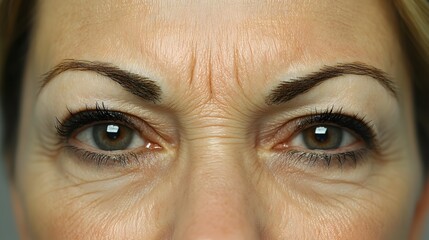 Fototapeta premium Before-and-after Botox images, illustrating drooping eyebrows and frown lines pre-treatment, and lifted, smoother skin after