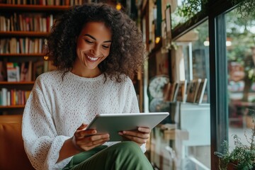 A woman is sitting in a library with a tablet in her hand