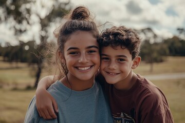 Fototapeta premium Two young people smiling and hugging each other in a grassy field