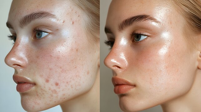 Soft-focus before-and-after images of acne scar coverage with makeup, natural skin tones, flawless finish, detailed pores, studio lighting, realistic transformation