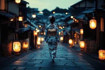 Obraz premium A woman wearing a kimono walks down a street at night