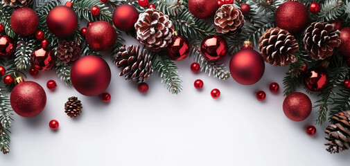 Close-up of new year decoration on white background, Christmas banner with balls and decorations on empty space