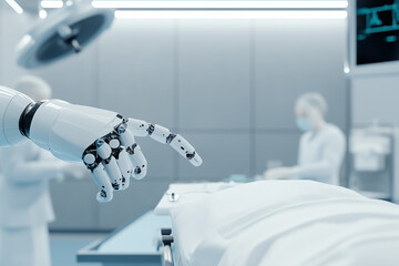 Advanced robots assisting medical professionals in a high-tech surgery room, showcasing the future of healthcare technology