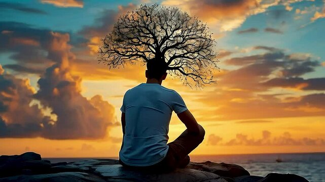 a man  sitting on  a rock  with  a tree  growing out of  his head , symbolizing the connection between the mind and the body.