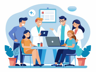 Doctor hospital team medical document health medicine healthcare meeting teamwork laptop computer technology clinic office modern flat design simple vector illustration isolated transparent background