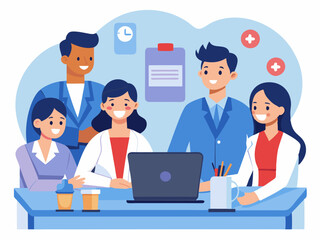 Doctor hospital team medical document health medicine healthcare meeting teamwork laptop computer technology clinic office modern flat design simple vector illustration isolated transparent background