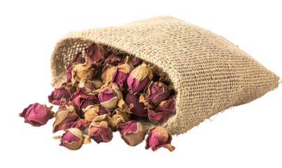 a burlap bag full of dried roses

