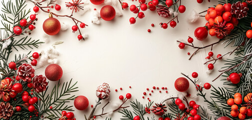 Close-up of new year decoration on white background, Christmas banner with balls and decorations on empty space