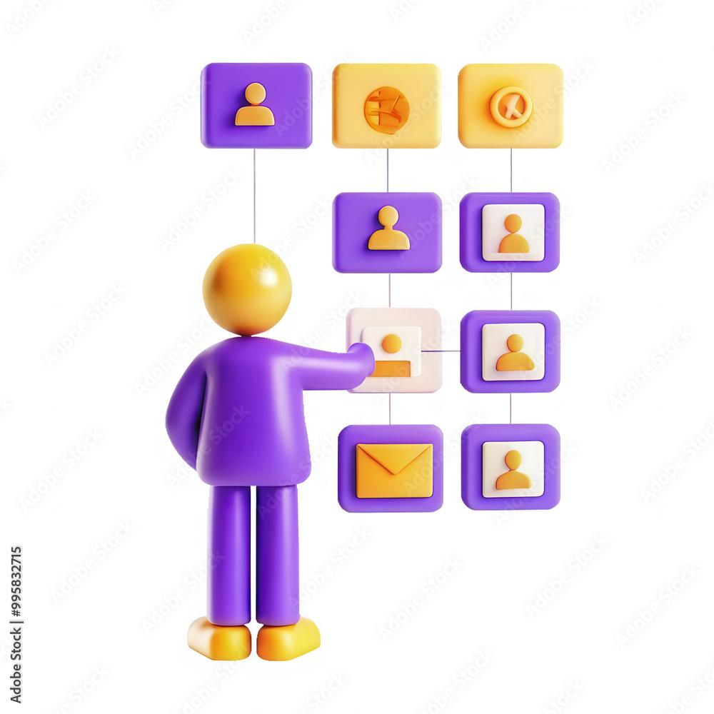 Poster a colorful 3d character in purple and yellow is interacting with a user interface, selecting icons a