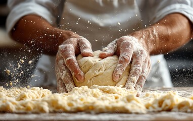 A baker kneading dough on a worktable in a bakery