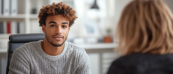 A counselor giving advice to a client in an office