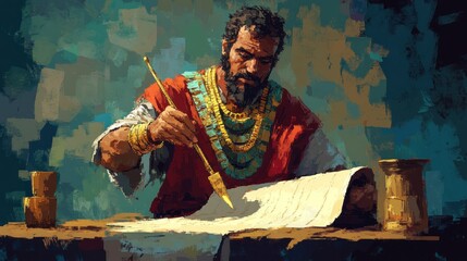 A bearded man in ancient garb scribes on a scroll with a stylus.