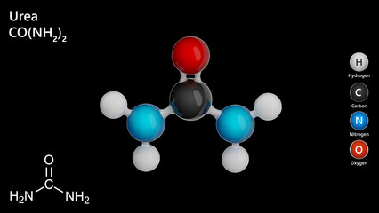 Urea, (carbamide) is an organic compound with the chemical formula CO(NH2)2. Urea is the main nitrogen-containing substance in the urine of mammals, used as a fertilizer. Black back. 3d illustration