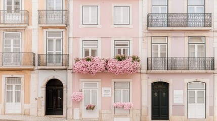Obraz premium Bright pastel-colored buildings adorned with white windows and balconies overflowing with pink flowers evoke a dreamy summer feel under the clear blue sky