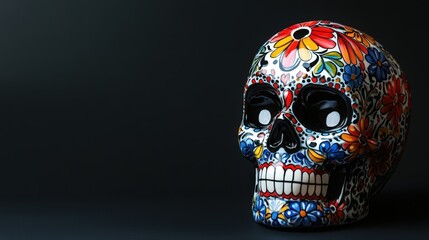 Aesthetic banner for Dia de Los Muertos with traditional calavera skull, black background, copy space. Generative AI