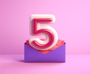 Fototapeta premium Pink background, purple envelope with a number five.