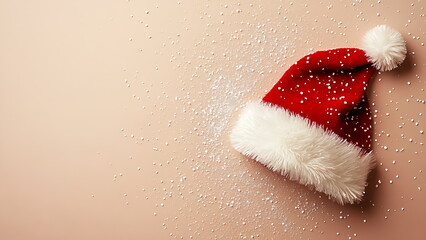 A red Santa hat with white fur trim with copy space