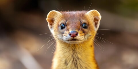 A frontal close-up of a weasels face, with piercing eyes that reflect the surrounding environment, and a soft focus on its fur