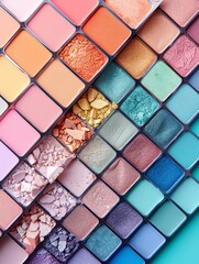 The background includes eyeshadow palettes on pastel background