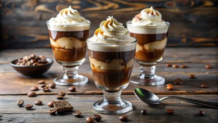 Three glasses with delicious coffee cocktails decorated with whipped cream and caramel topping are standing on a wooden table