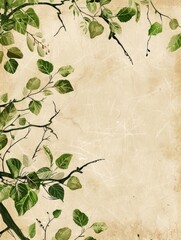 The background is plain and beige, with some green leaves and branches partially visible around the edges of the frame