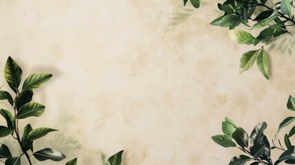 The background is plain and beige, with some green leaves and branches partially visible around the edges of the frame