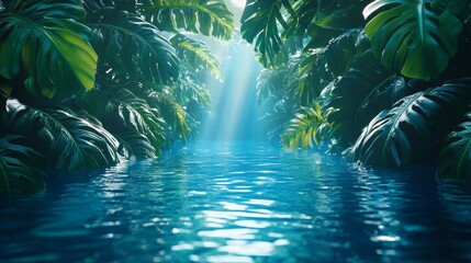 Fototapeta premium Exotic monstera leaves surround the edges, vibrant blue water with light reflecting off the surface, minimal banner space in the center, Futuristic neon lighting, 3D Render