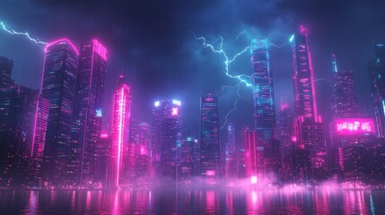 Futuristic cityscape with tall skyscrapers and neon lights, lightning strikes across holographic billboards, synthwave color palette, glowing neon lights