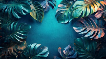 Futuristic tropical scene, holographic monstera leaves framing a neon blue ocean, minimalistic banner layout with space for text in center, Hologram style, glowing accents