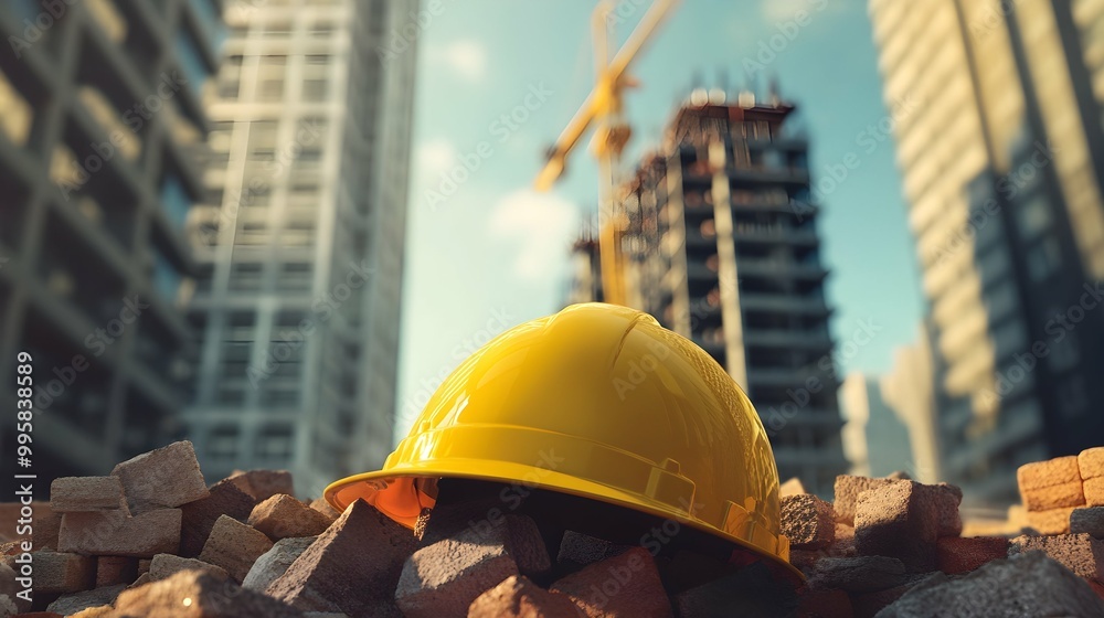 Wall mural Yellow Hard Hat Construction Safety Helmet on Bricks.