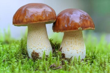 Two Oak Mushrooms in the moss , isolated on white background,  , copy space for text,