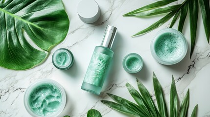Green eco-friendly skincare bottles, monstera leaf decor, flat lay on marble, muted tones, minimalistic, natural light, smooth surfaces, modern aesthetic