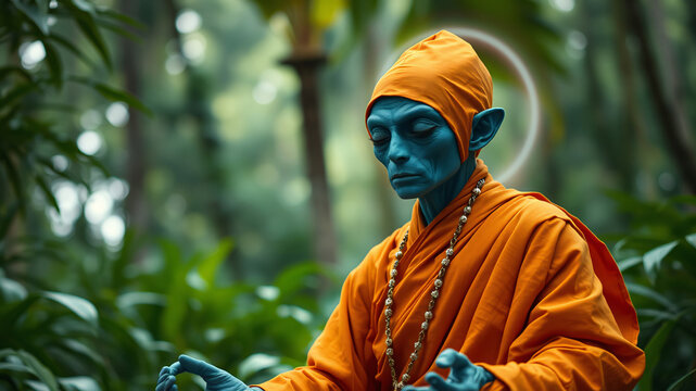 A blue-skinned alien wearing an orange monk robe is meditating in the middle of a jungle. There is an aura behind his head.
