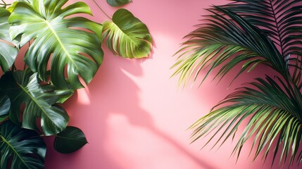 Obraz premium Green monstera and palm leaves delicately positioned on a flat pink background, minimalistic composition, sharp details, and clean, crisp lighting